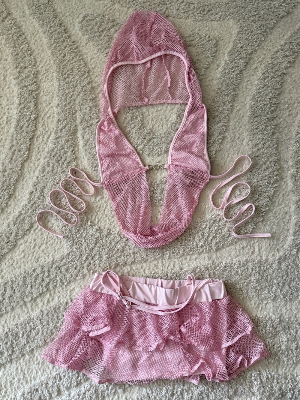 SHEIN ICON Pink Mesh Hooded Halter Top & Ruffle Mini Skirt 2-Piece Set | XXS